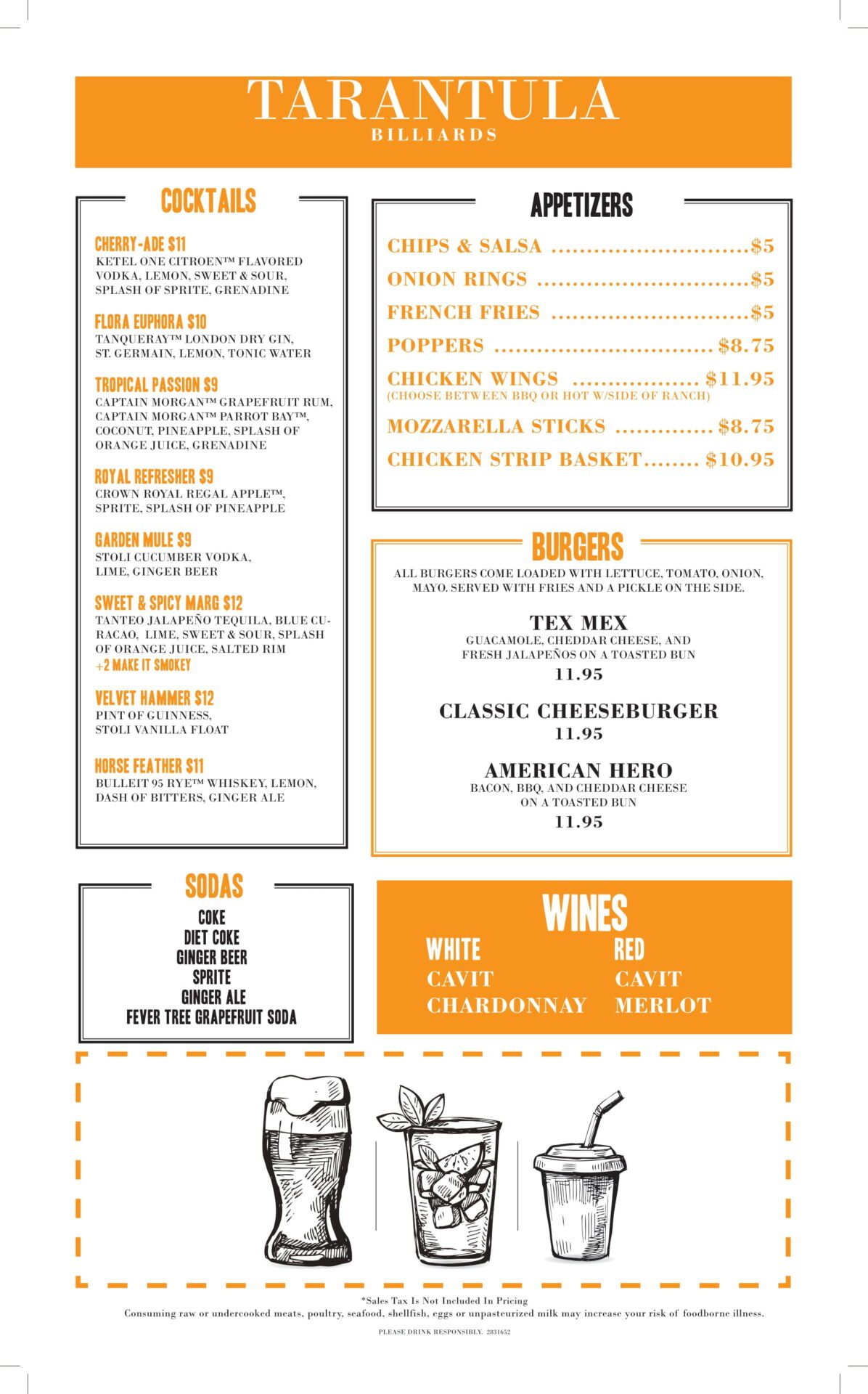 A menu of the restaurant in orange and white